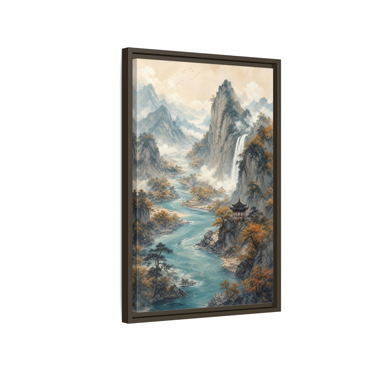 Side Mockup 2. Nature Mountain Landscape Brown And Blue Landscape shown as stretched canvas wall art