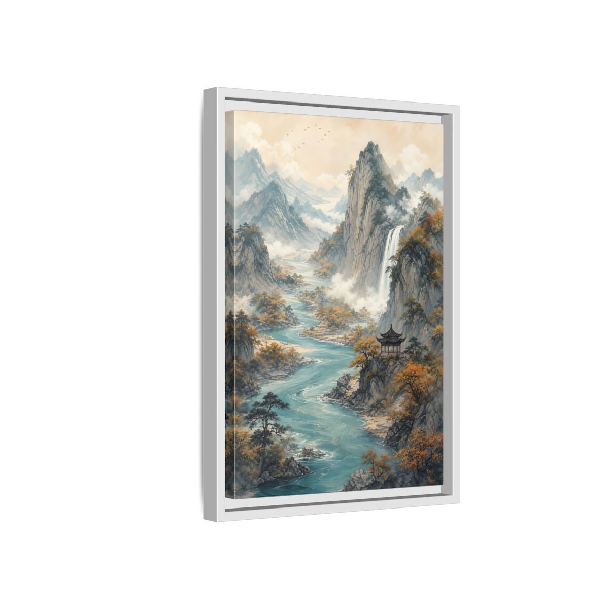 Side Mockup 4. Nature Mountain Landscape Brown And Blue Landscape shown as stretched canvas wall art