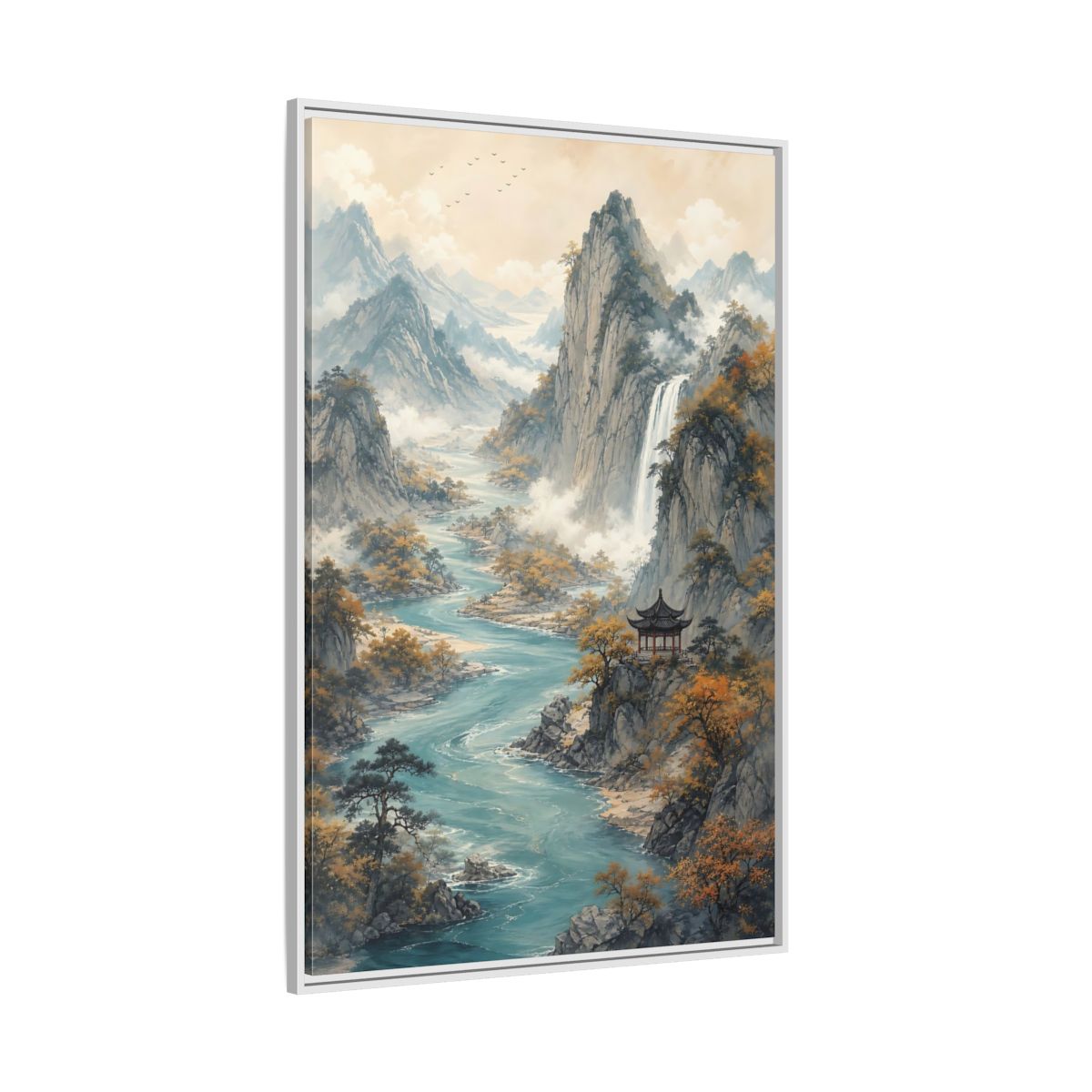 Side Mockup 7. Nature Mountain Landscape Brown And Blue Landscape shown as stretched canvas wall art