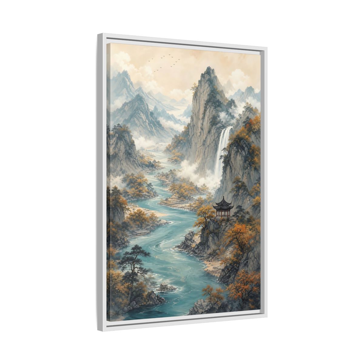 Side Mockup 10. Nature Mountain Landscape Brown And Blue Landscape shown as stretched canvas wall art