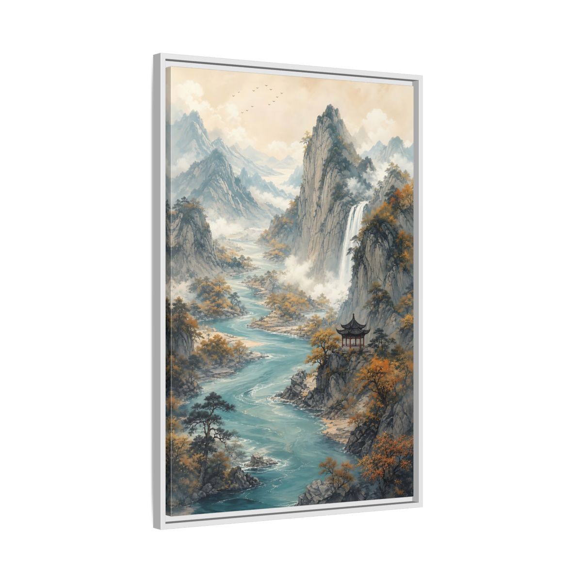 Side Mockup 9. Nature Mountain Landscape Brown And Blue Landscape shown as stretched canvas wall art