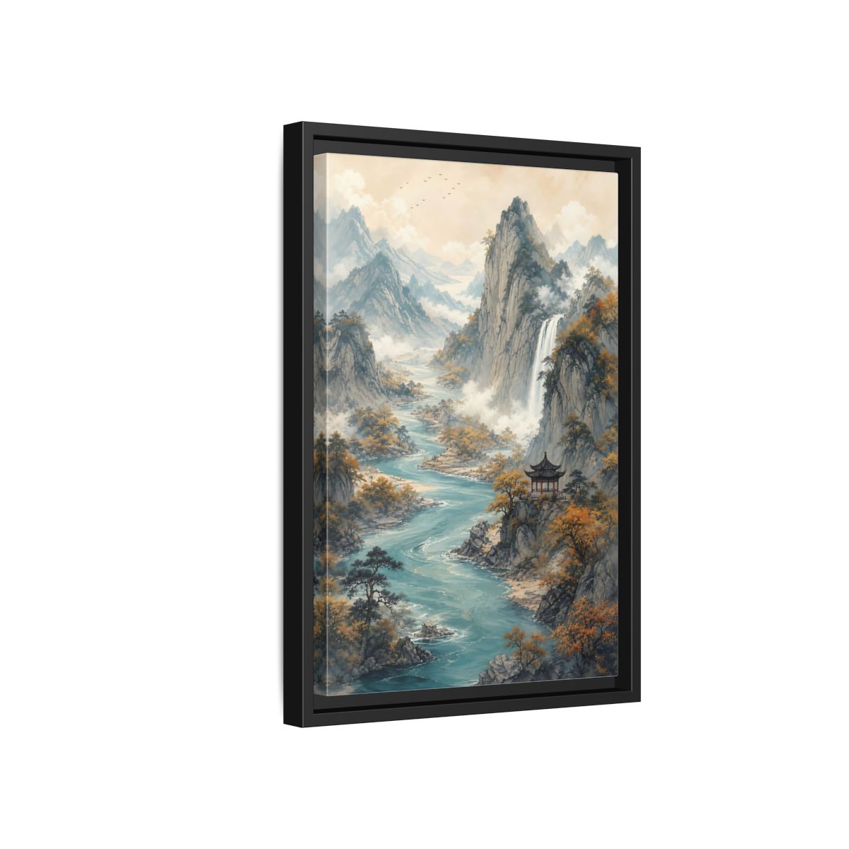Side Mockup 6. Nature Mountain Landscape Brown And Blue Landscape shown as stretched canvas wall art