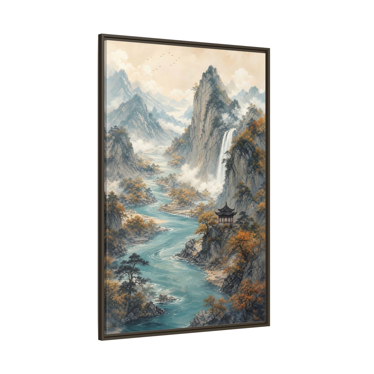 Side Mockup 8. Nature Mountain Landscape Brown And Blue Landscape shown as stretched canvas wall art