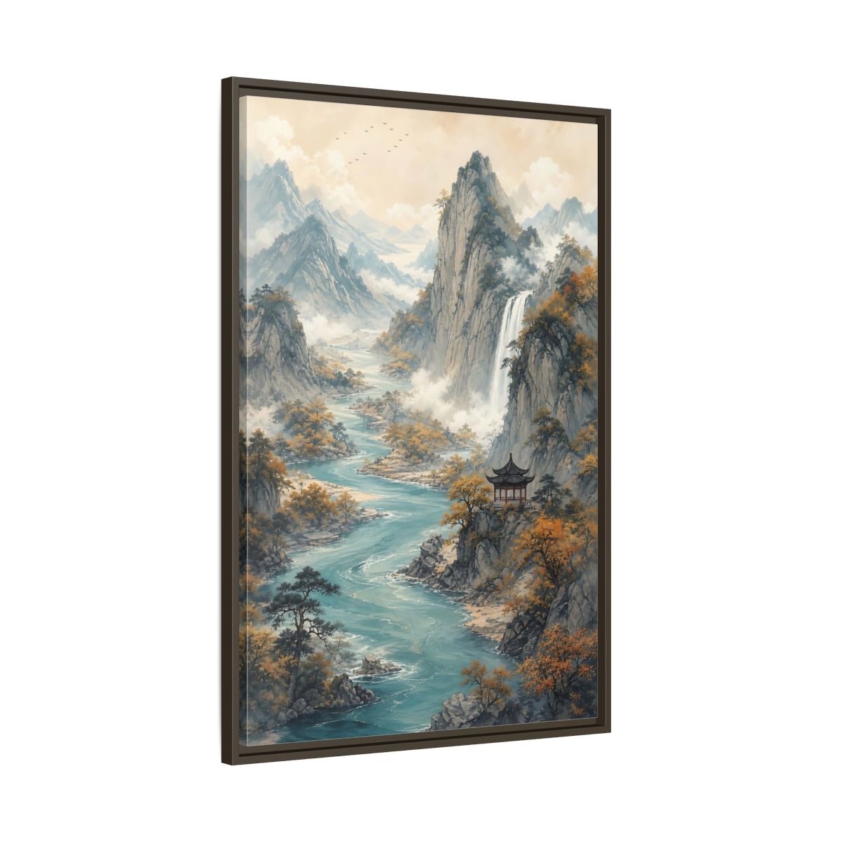 Main Mockup. Nature Mountain Landscape Brown And Blue Landscape shown as stretched canvas wall art