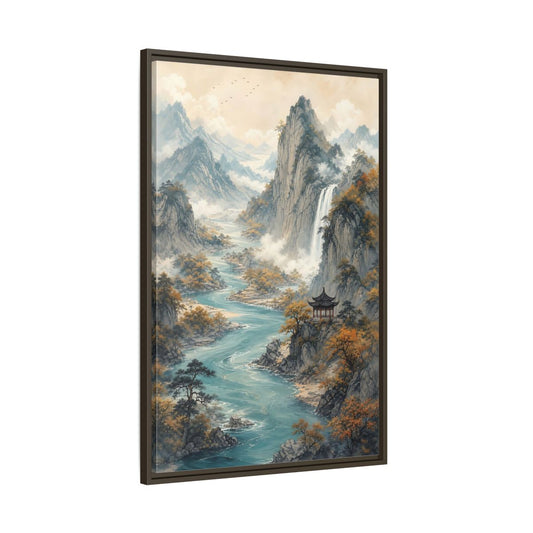 Main Mockup. Nature Mountain Landscape Brown And Blue Landscape shown as stretched canvas wall art