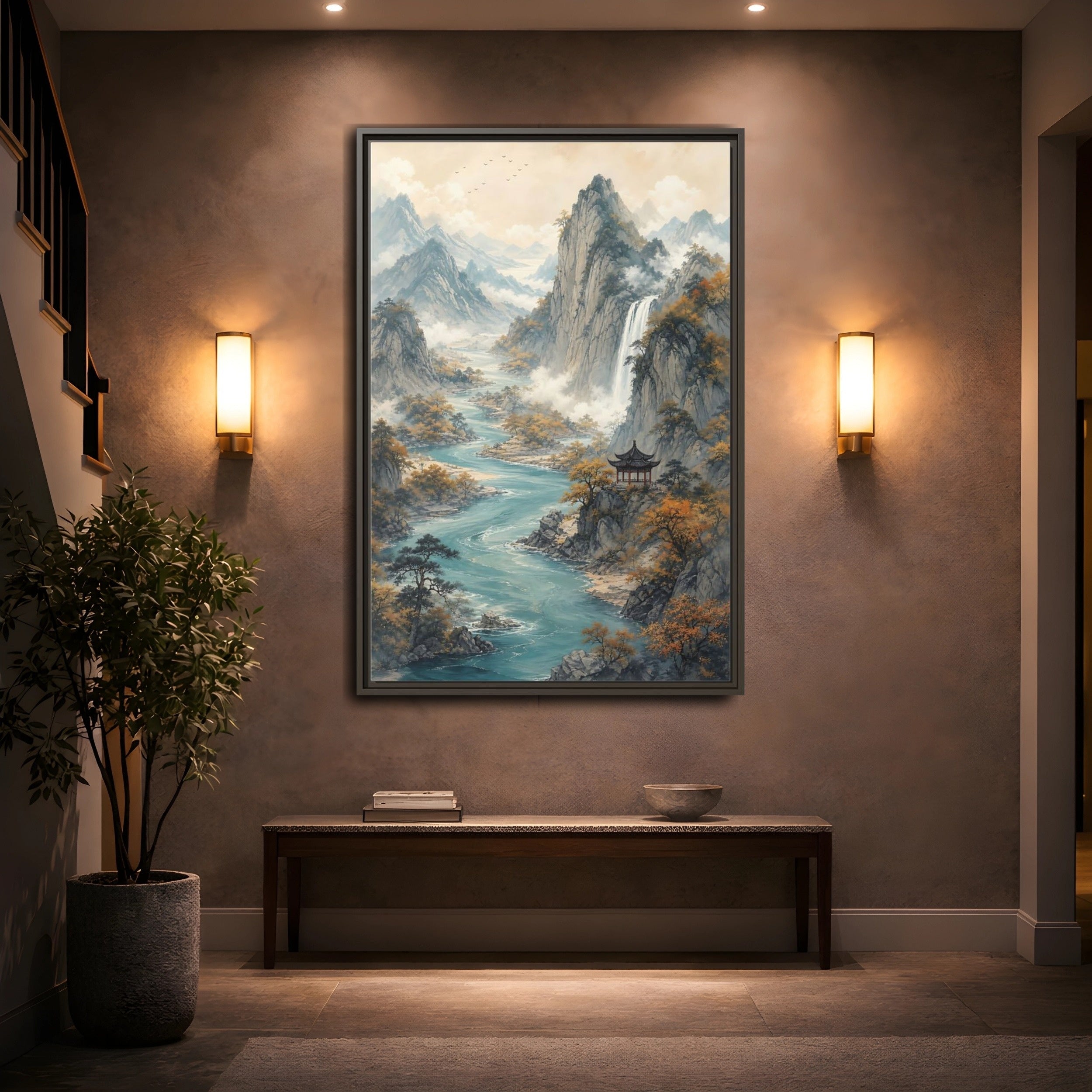 Mockup 2. Nature Mountain Landscape Brown And Blue Landscape shown as stretched canvas wall art