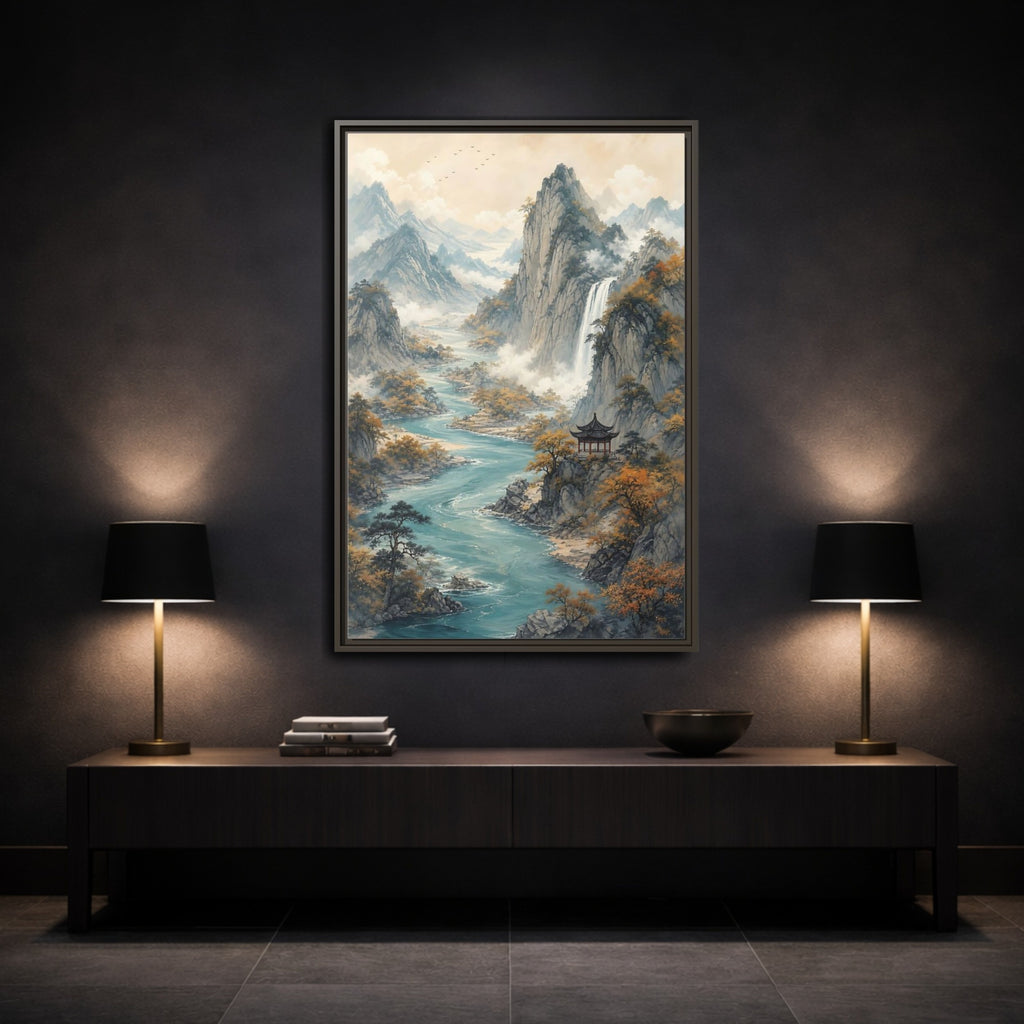 Mockup 3. Nature Mountain Landscape Brown And Blue Landscape shown as stretched canvas wall art