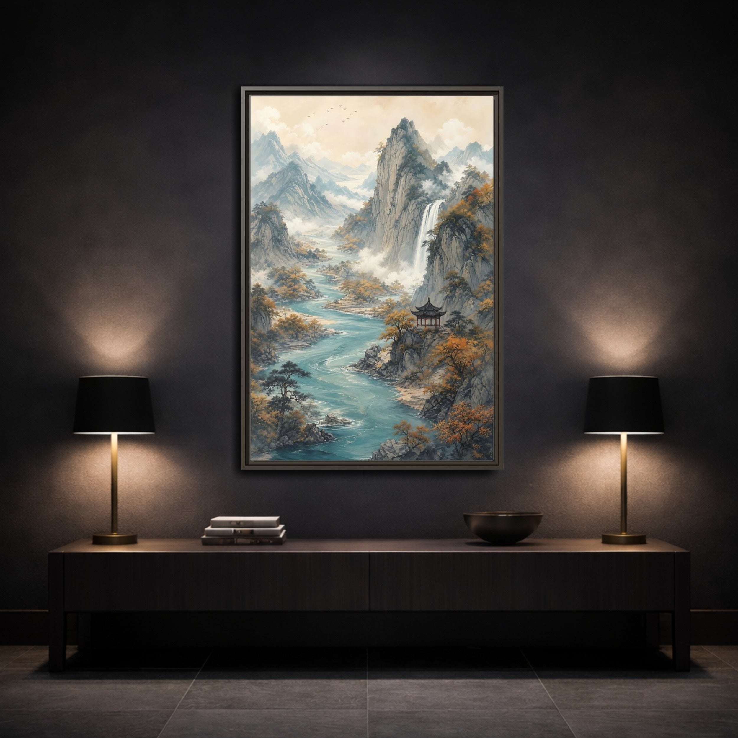 Mockup 3. Nature Mountain Landscape Brown And Blue Landscape shown as stretched canvas wall art