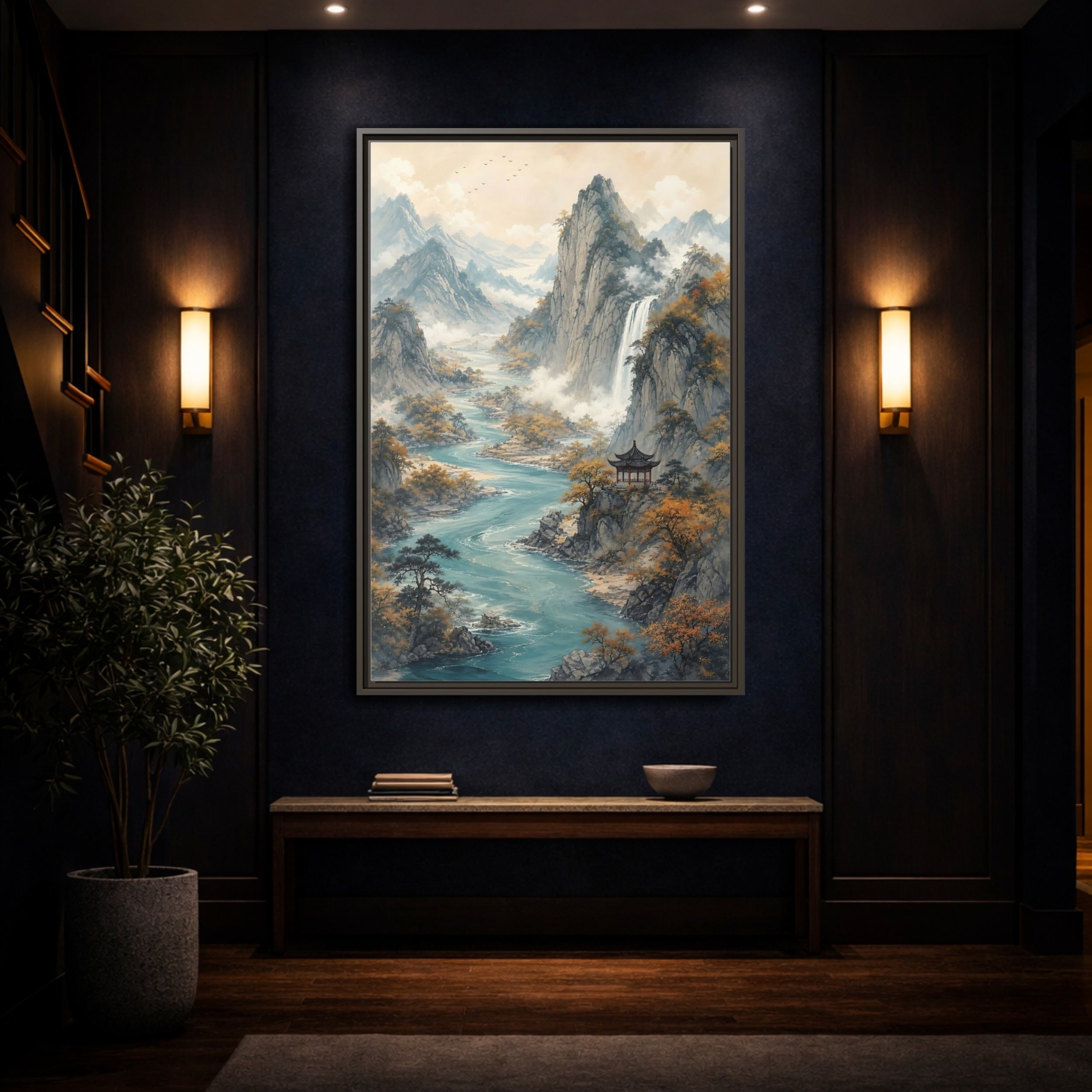 Mockup 4. Nature Mountain Landscape Brown And Blue Landscape shown as stretched canvas wall art