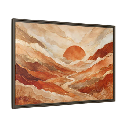 Main Mockup. Nature Mountain Landscape Brown And Gold shown as stretched canvas wall art