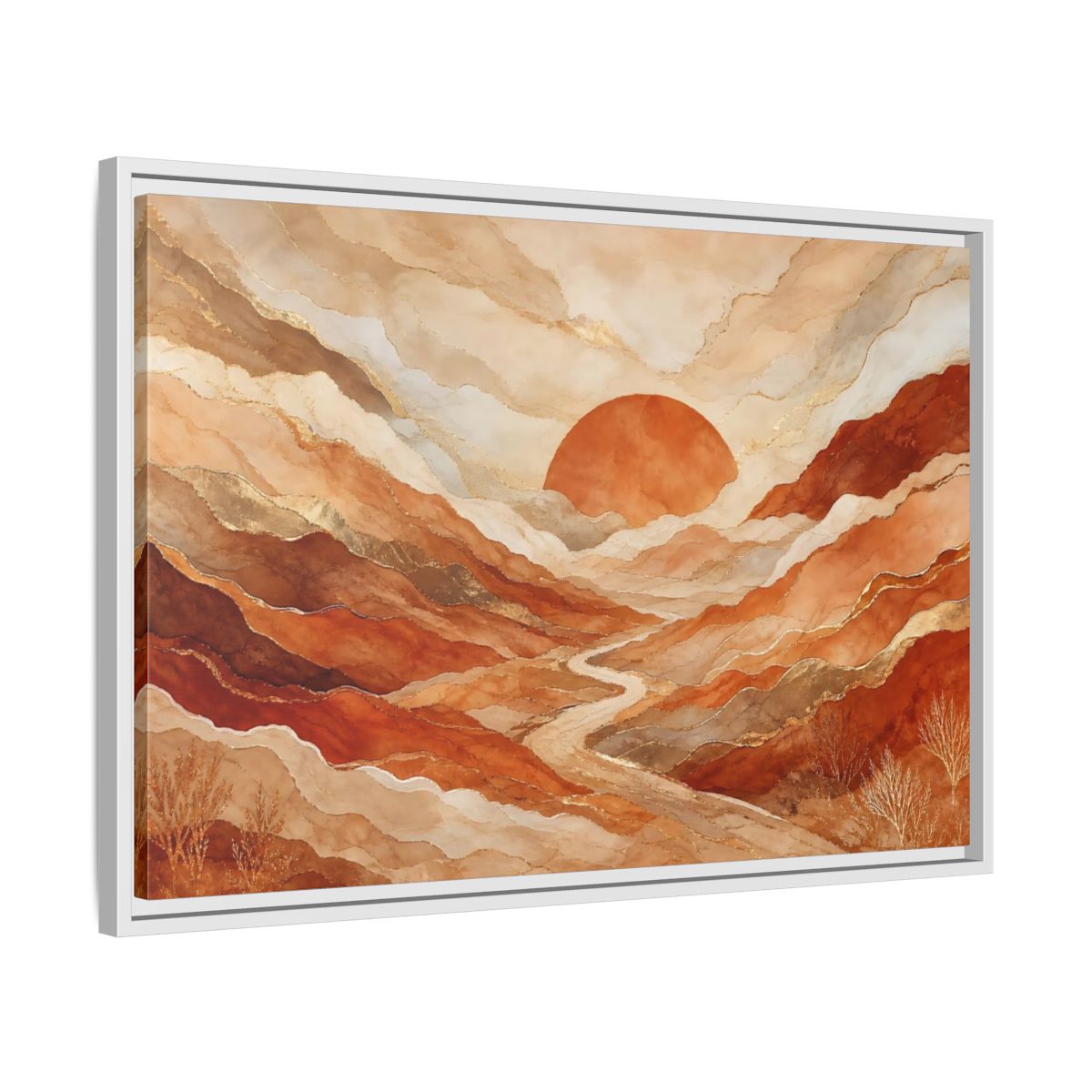 Side Mockup 10. Nature Mountain Landscape Brown And Gold shown as stretched canvas wall art