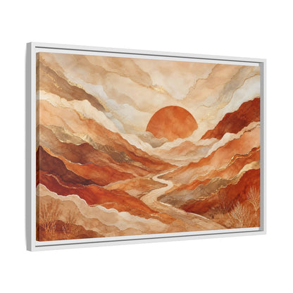 Side Mockup 10. Nature Mountain Landscape Brown And Gold shown as stretched canvas wall art