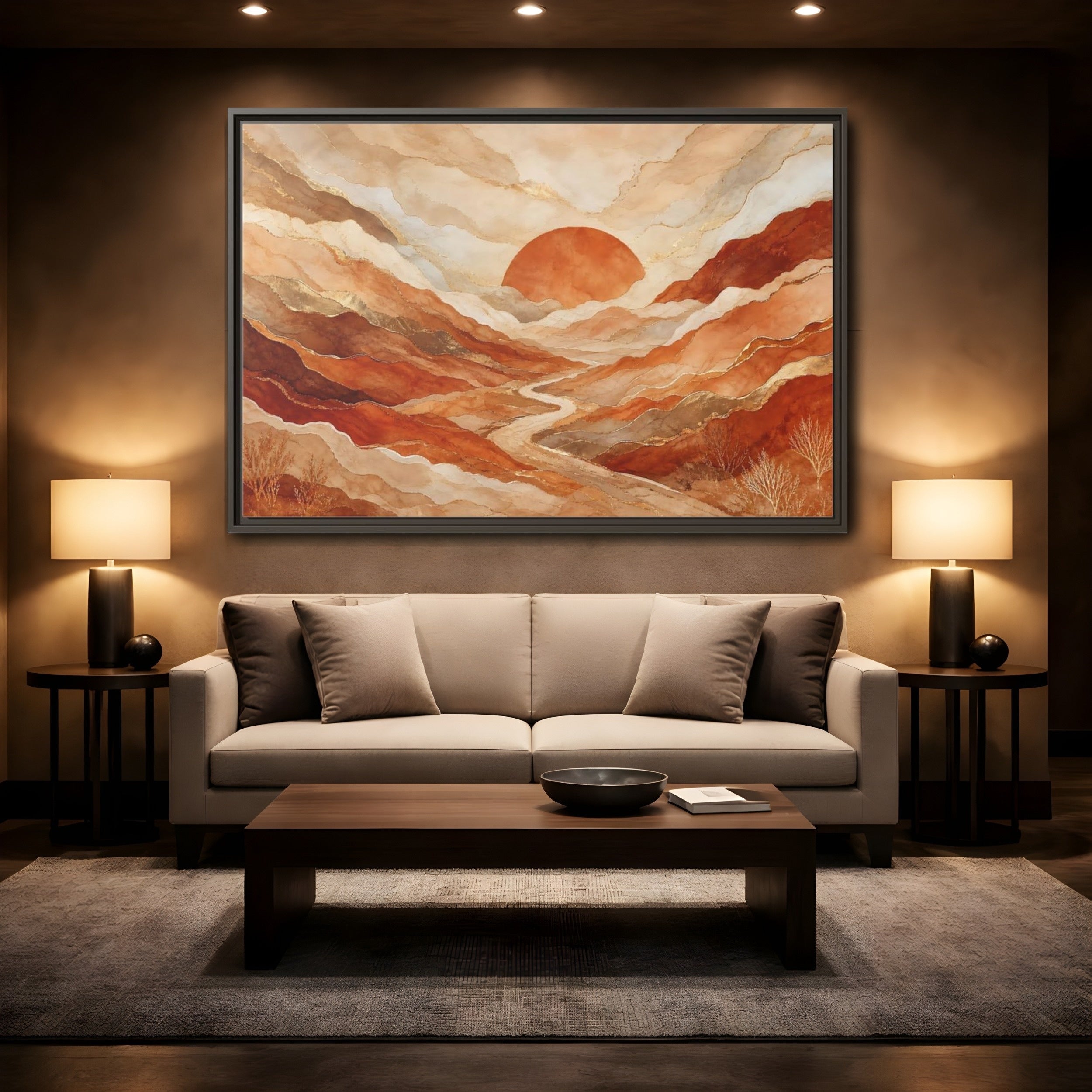 Mockup 2. Nature Mountain Landscape Brown And Gold shown as stretched canvas wall art