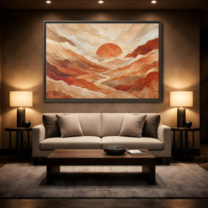 Mockup 2. Nature Mountain Landscape Brown And Gold shown as stretched canvas wall art