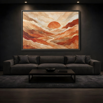 Mockup 3. Nature Mountain Landscape Brown And Gold shown as stretched canvas wall art