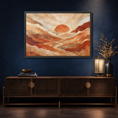 Mockup 4. Nature Mountain Landscape Brown And Gold shown as stretched canvas wall art