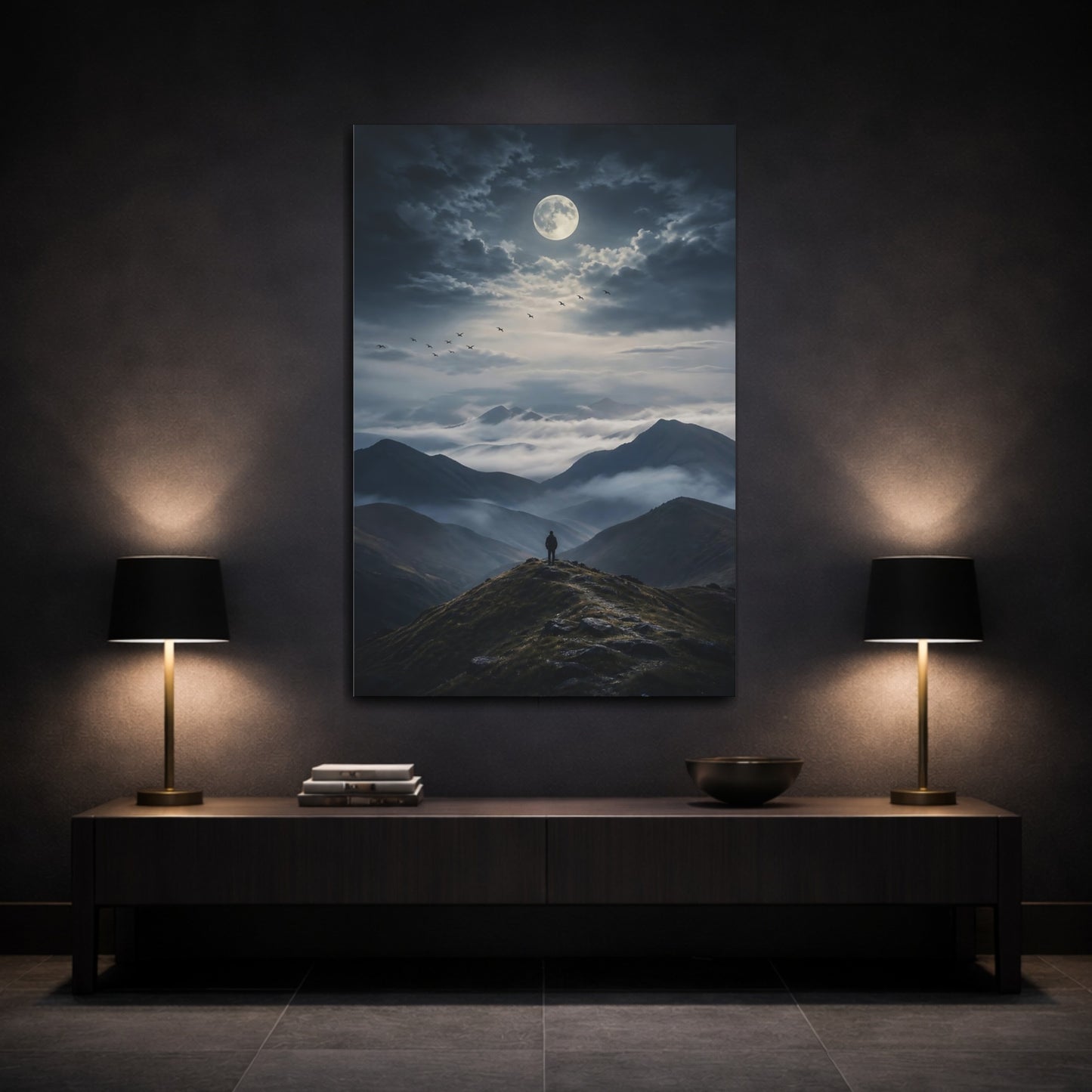 Mockup 3. Nature Mountain Landscape Dark Mountainscape shown as stretched canvas wall art
