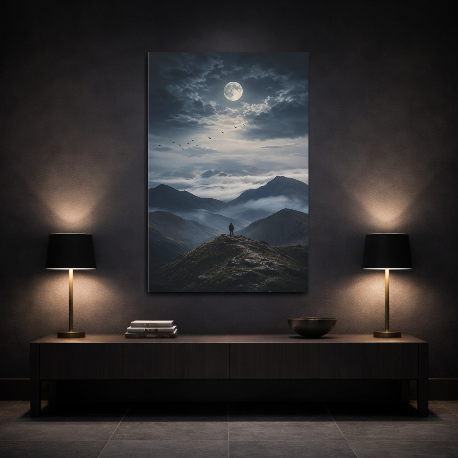Mockup 3. Nature Mountain Landscape Dark Mountainscape shown as stretched canvas wall art