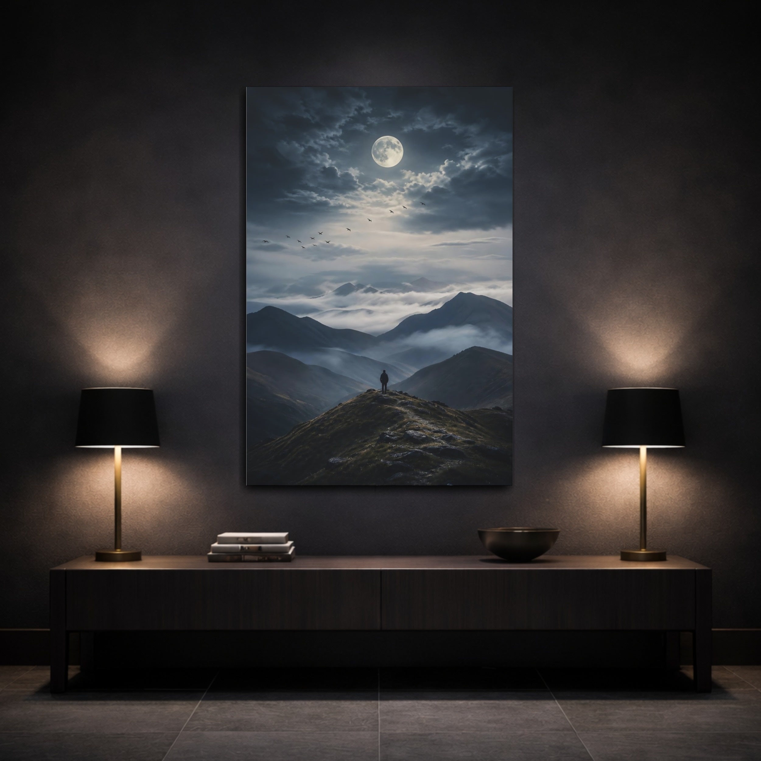 Mockup 3. Nature Mountain Landscape Dark Mountainscape shown as stretched canvas wall art