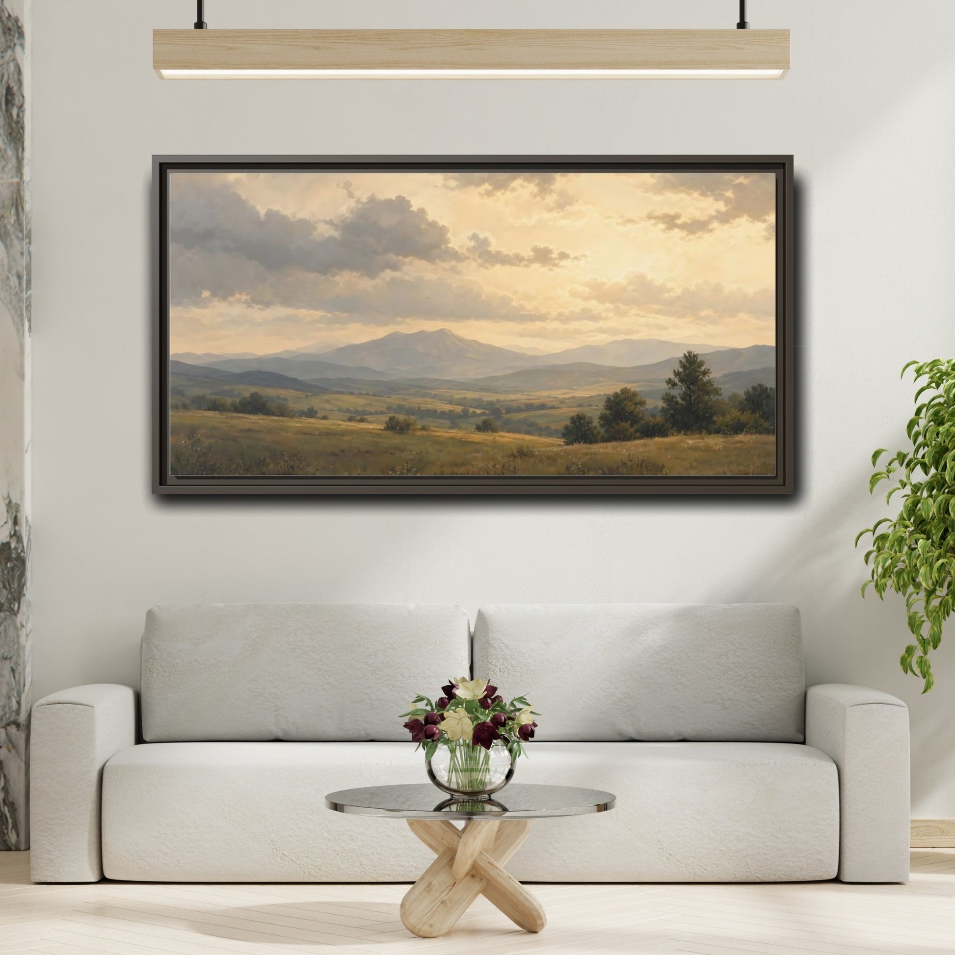 Mockup 2. Nature Mountain Landscape Golden Mountain Landscape shown as stretched canvas wall art