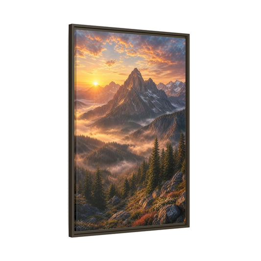 Main Mockup. Nature Mountain Landscape Golden Mountain Sunrise shown as stretched canvas wall art