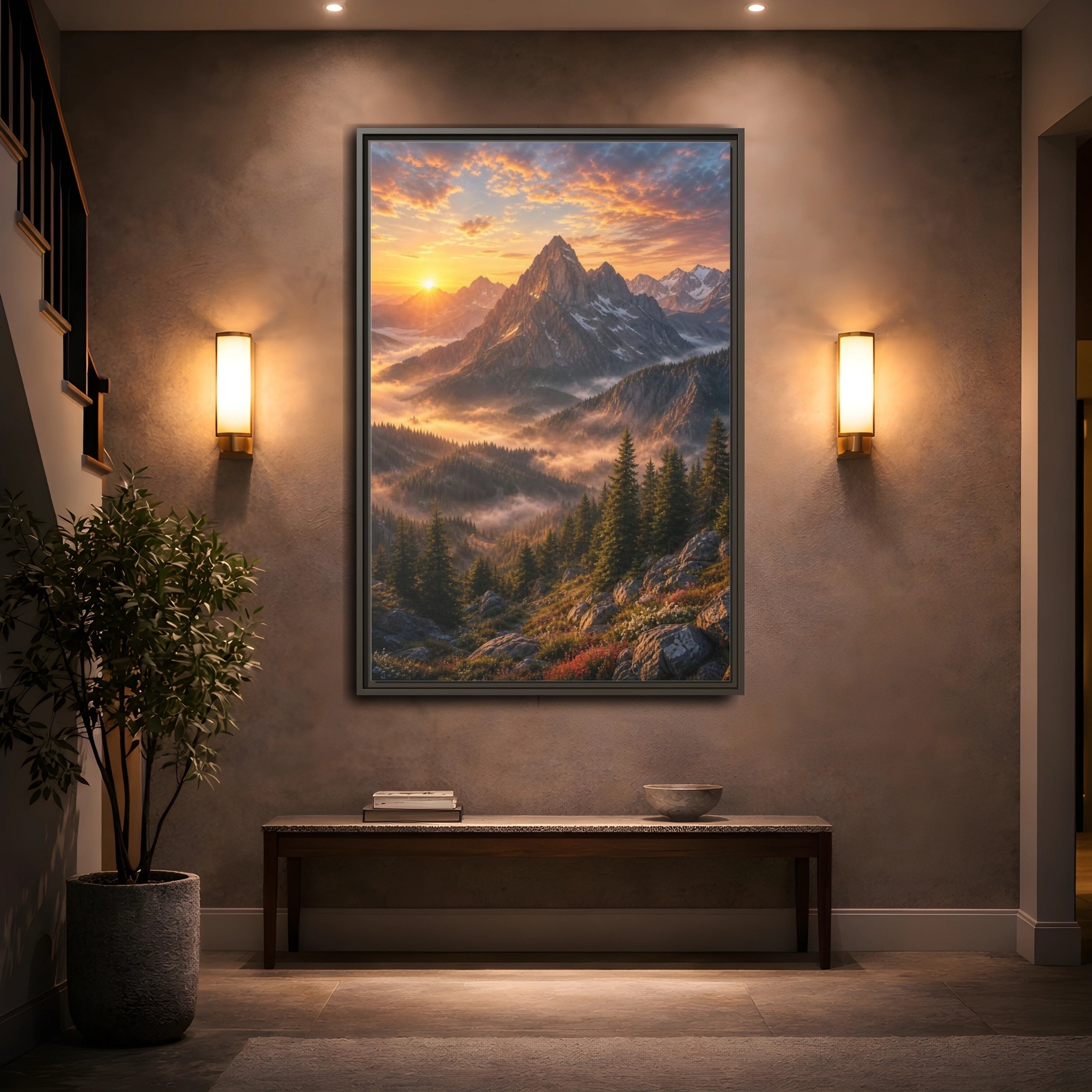Mockup 2. Nature Mountain Landscape Golden Mountain Sunrise shown as stretched canvas wall art