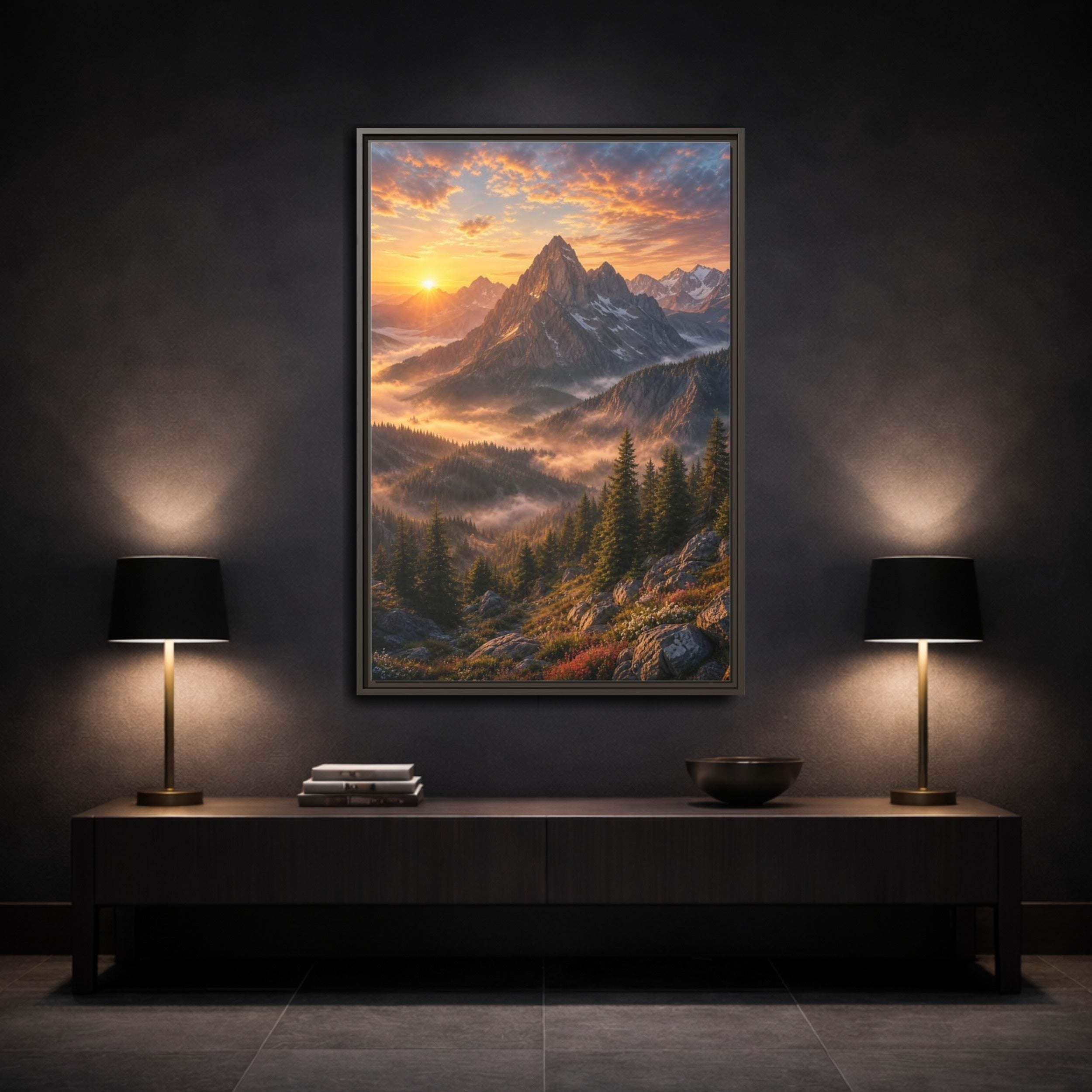Mockup 3. Nature Mountain Landscape Golden Mountain Sunrise shown as stretched canvas wall art