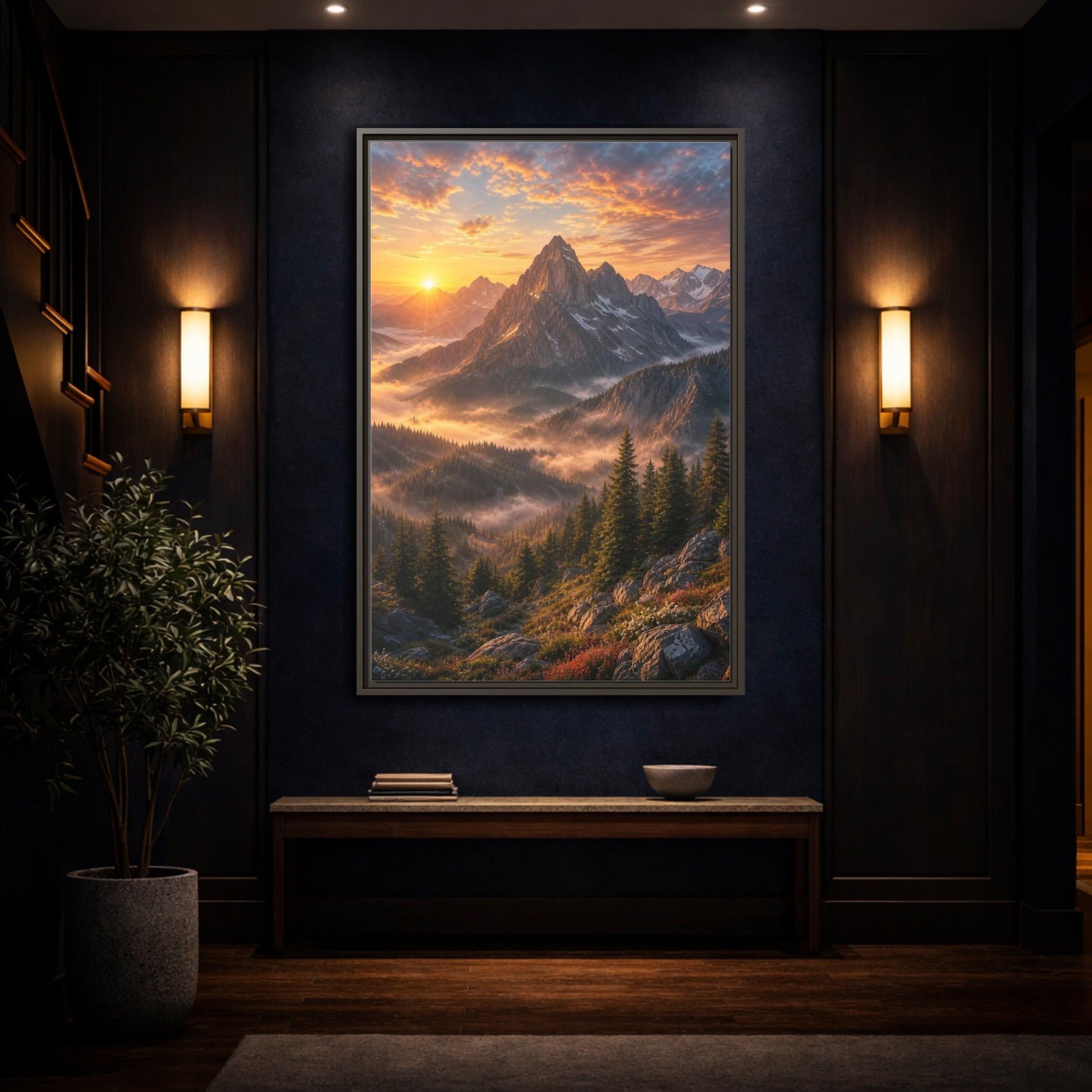 Mockup 4. Nature Mountain Landscape Golden Mountain Sunrise shown as stretched canvas wall art