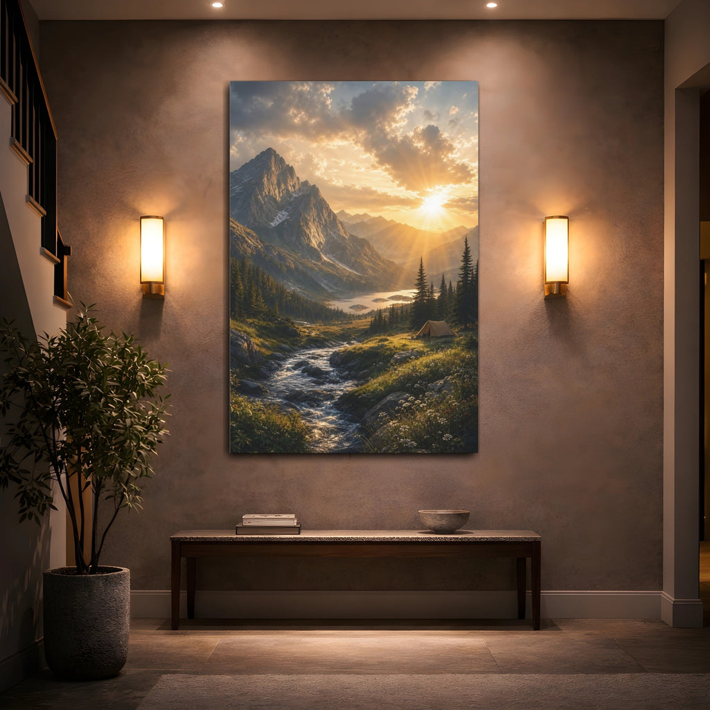 Mockup 2. Nature Mountain Landscape Golden Mountain Sunset shown as stretched canvas wall art