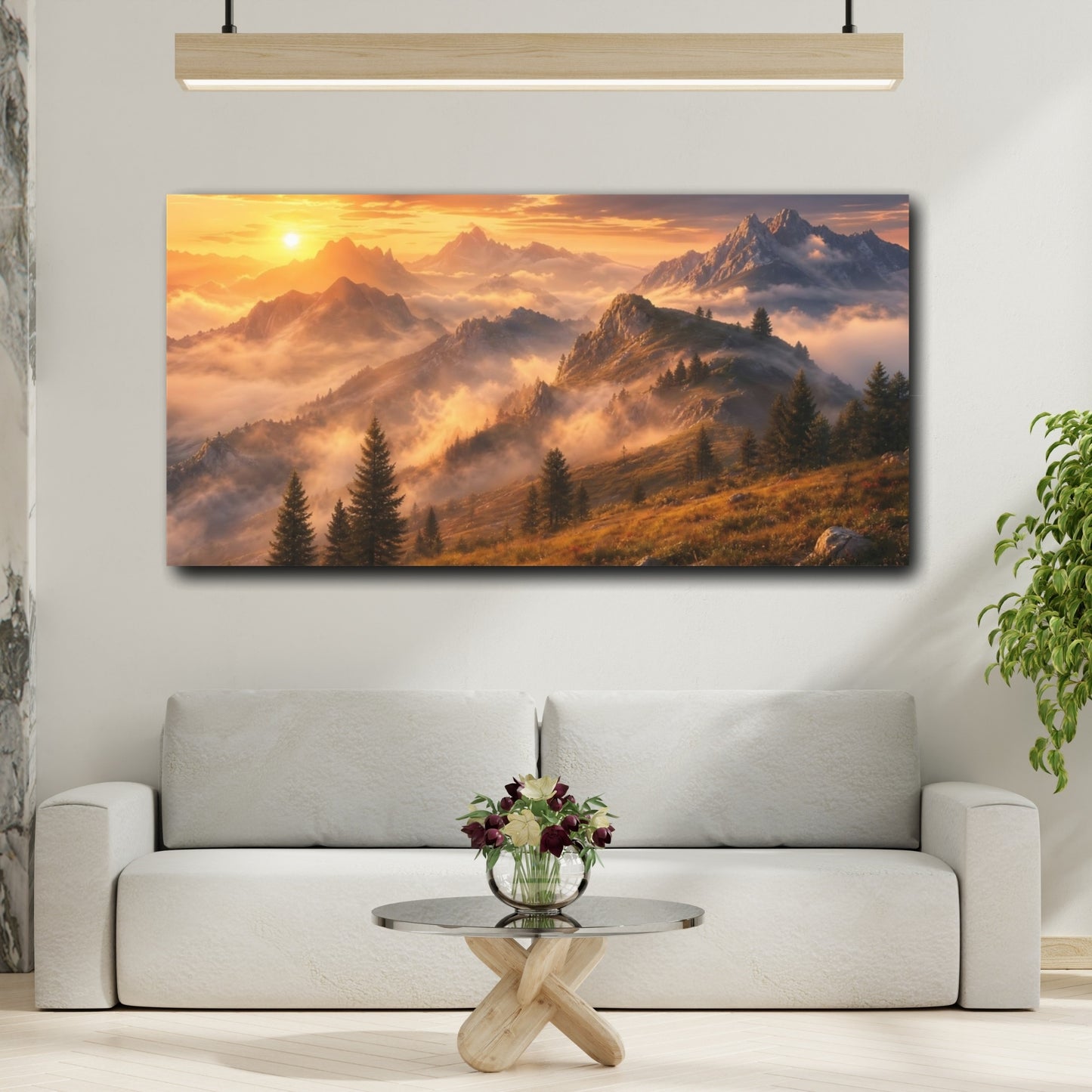 Mockup 2. Nature Mountain Landscape Golden Mountain Sunset shown as stretched canvas wall art