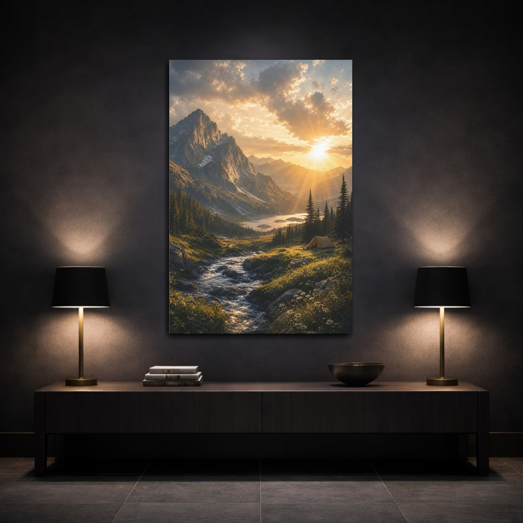Mockup 3. Nature Mountain Landscape Golden Mountain Sunset shown as stretched canvas wall art