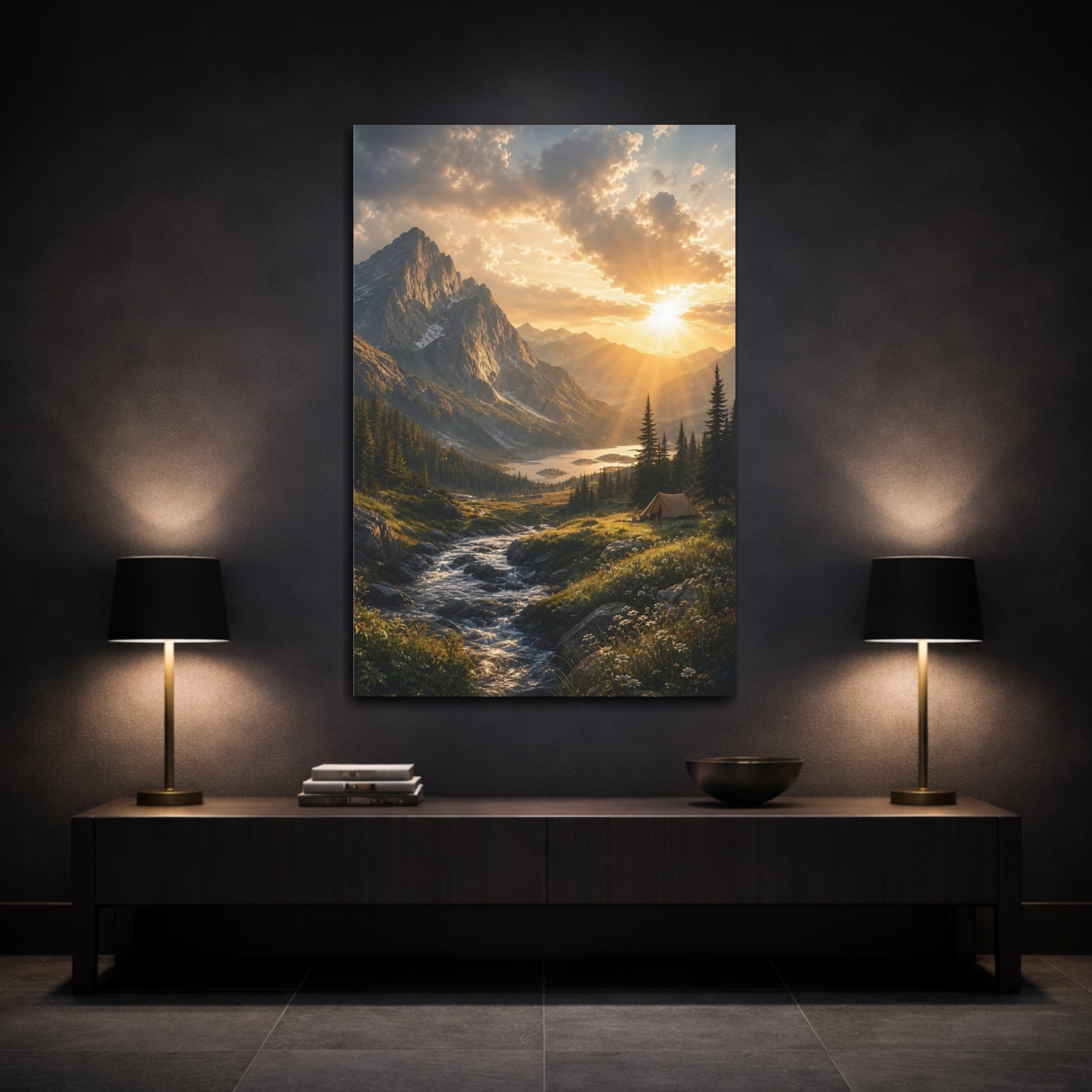 Mockup 3. Nature Mountain Landscape Golden Mountain Sunset shown as stretched canvas wall art