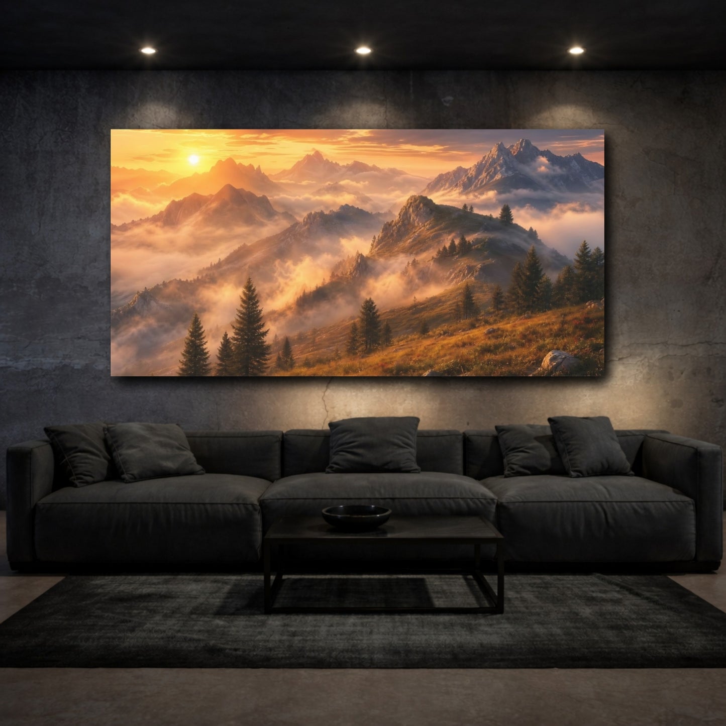 Mockup 3. Nature Mountain Landscape Golden Mountain Sunset shown as stretched canvas wall art