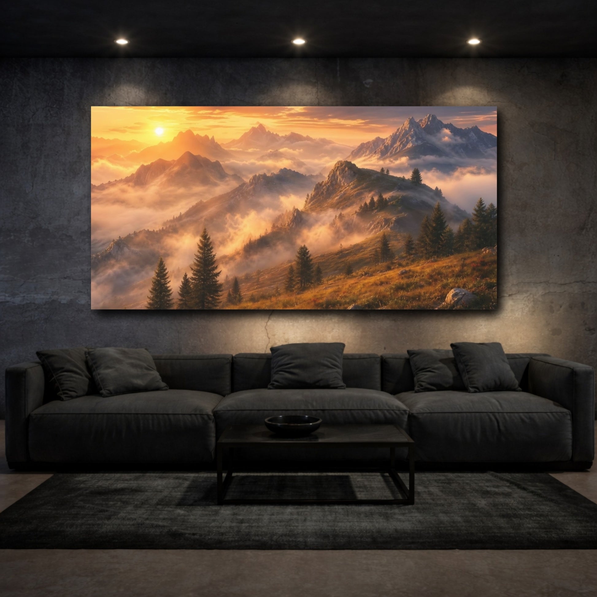 Mockup 3. Nature Mountain Landscape Golden Mountain Sunset shown as stretched canvas wall art
