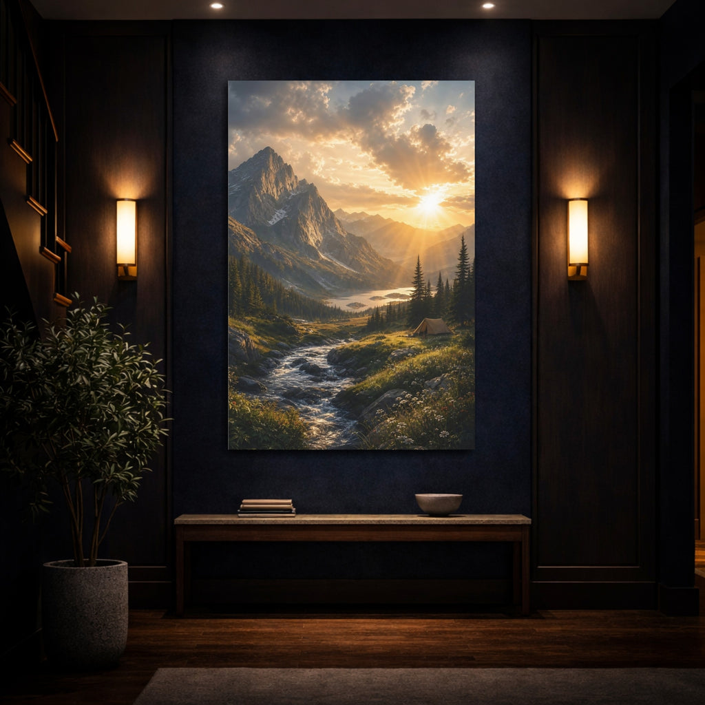 Mockup 4. Nature Mountain Landscape Golden Mountain Sunset shown as stretched canvas wall art