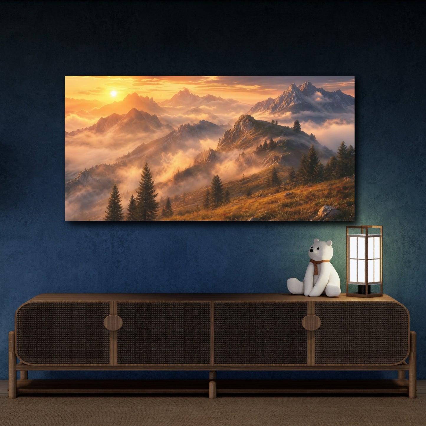 Mockup 4. Nature Mountain Landscape Golden Mountain Sunset shown as stretched canvas wall art