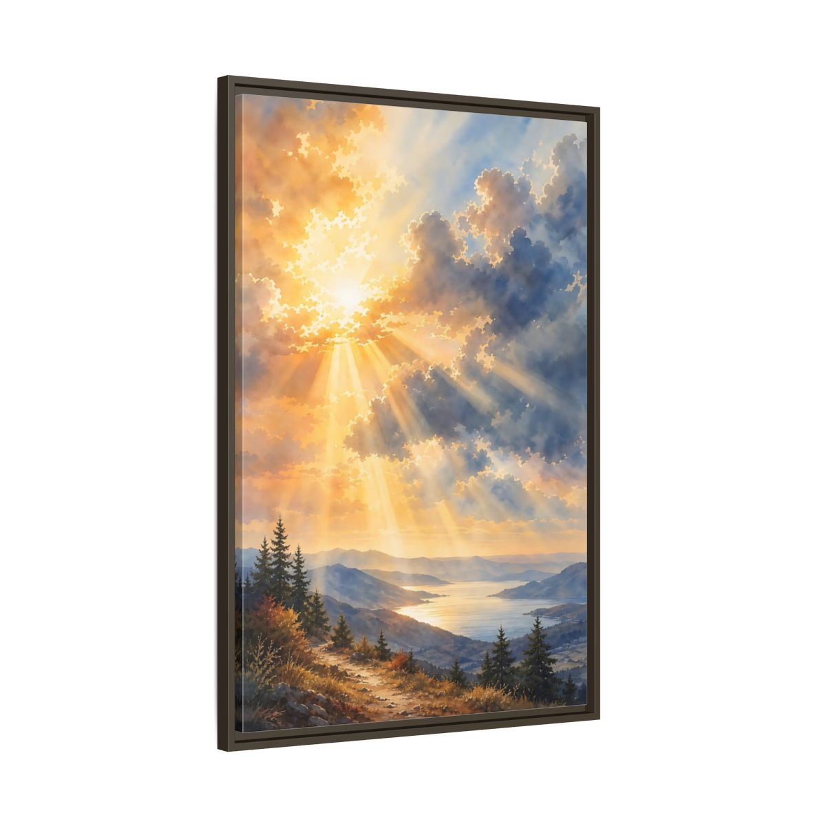 Main Mockup. Nature Mountain Landscape Golden Sky shown as stretched canvas wall art