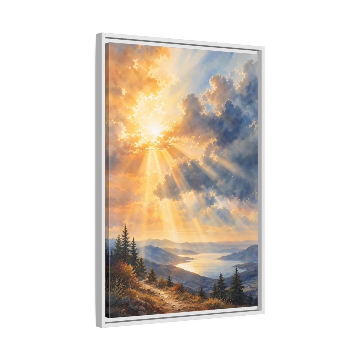 Side Mockup 10. Nature Mountain Landscape Golden Sky shown as stretched canvas wall art