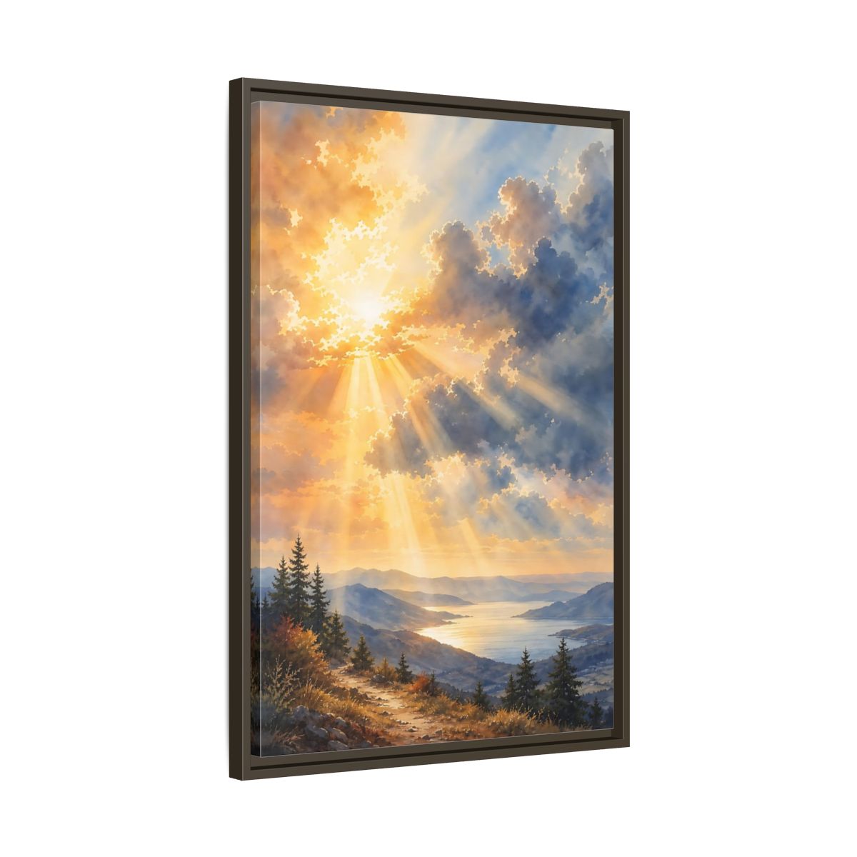Side Mockup 11. Nature Mountain Landscape Golden Sky shown as stretched canvas wall art