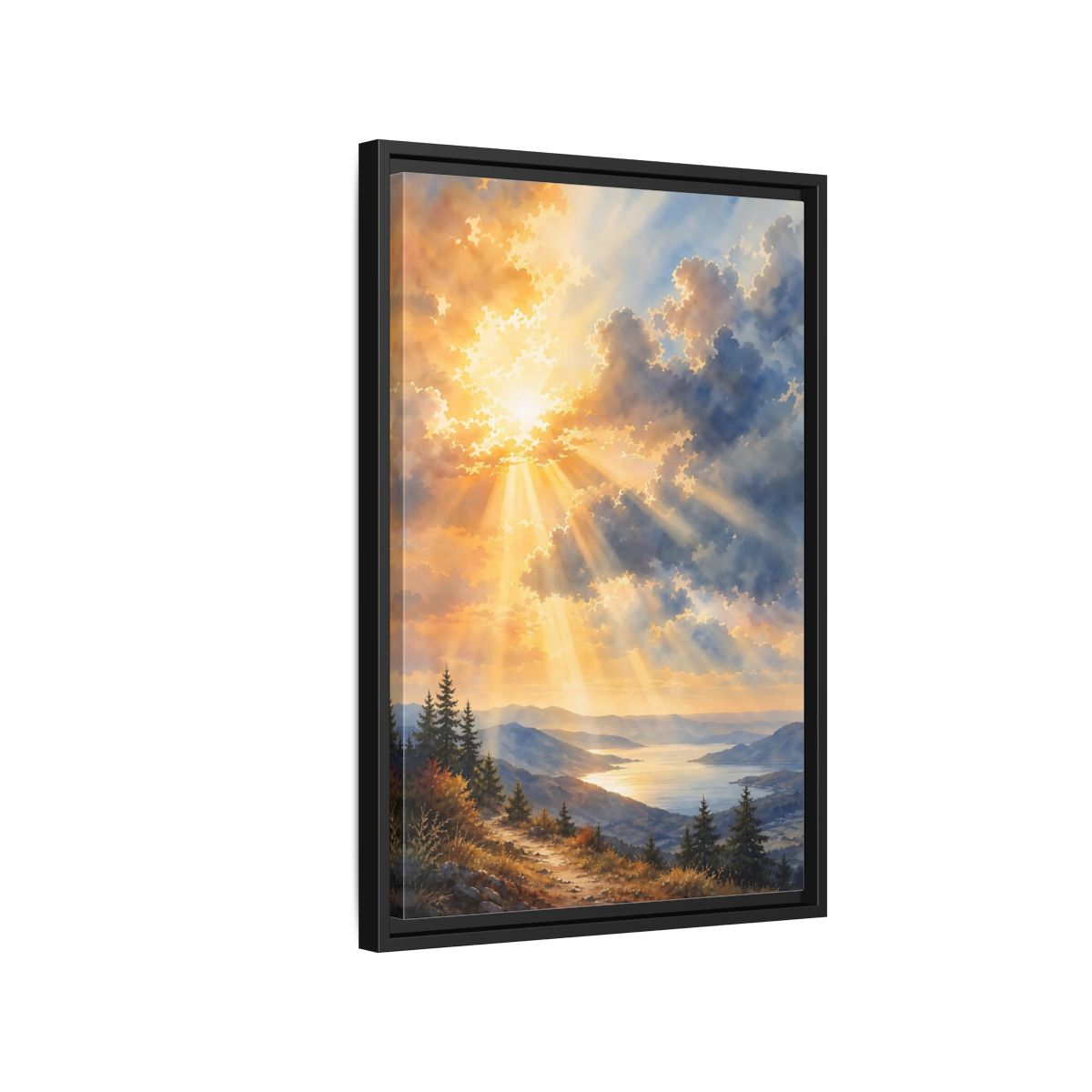 Side Mockup 3. Nature Mountain Landscape Golden Sky shown as stretched canvas wall art