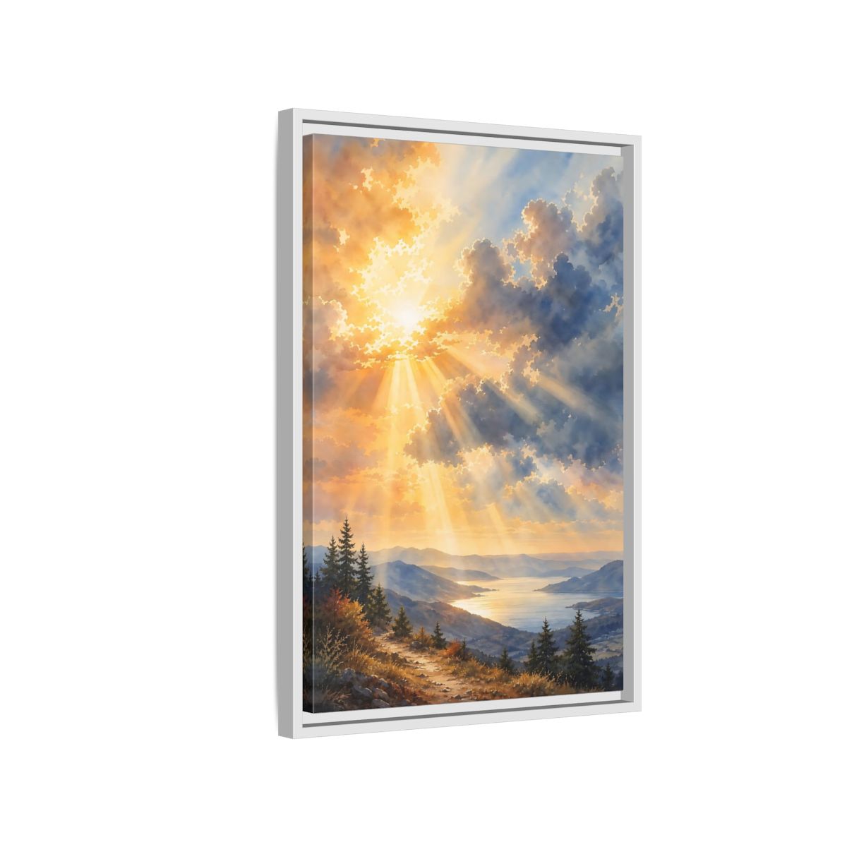 Side Mockup 1. Nature Mountain Landscape Golden Sky shown as stretched canvas wall art