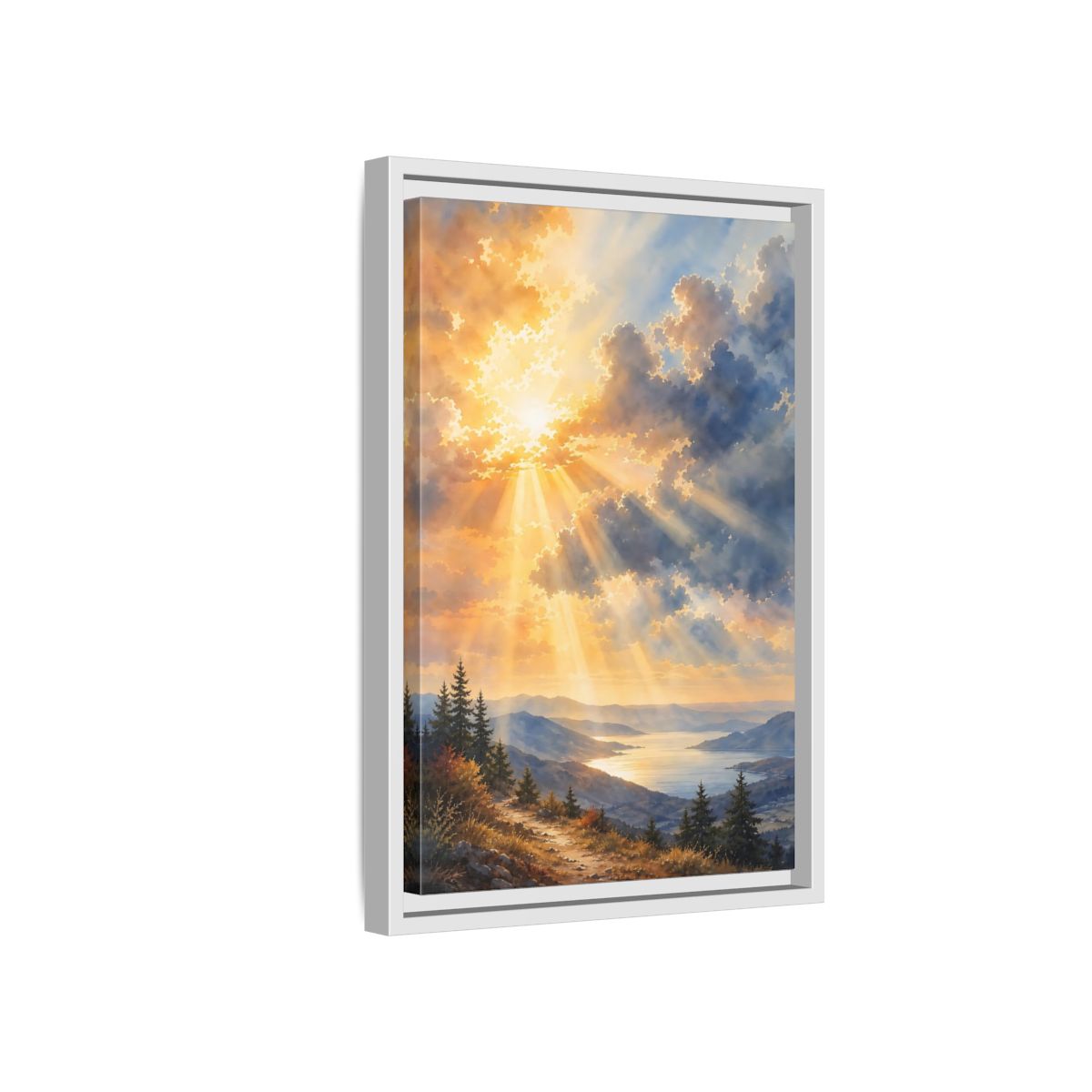 Side Mockup 4. Nature Mountain Landscape Golden Sky shown as stretched canvas wall art