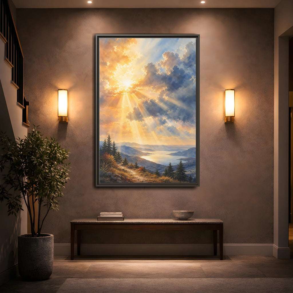 Mockup 2. Nature Mountain Landscape Golden Sky shown as stretched canvas wall art