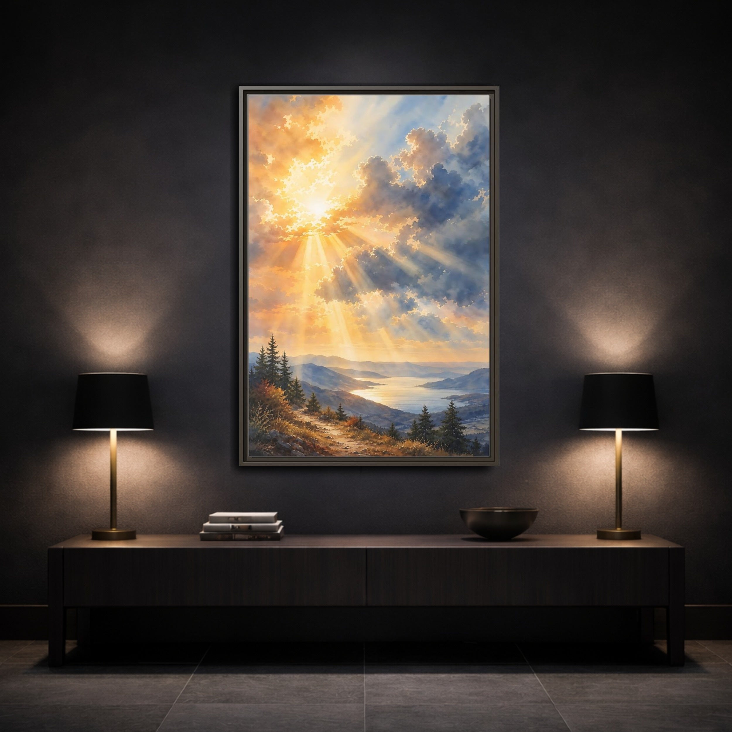 Mockup 3. Nature Mountain Landscape Golden Sky shown as stretched canvas wall art