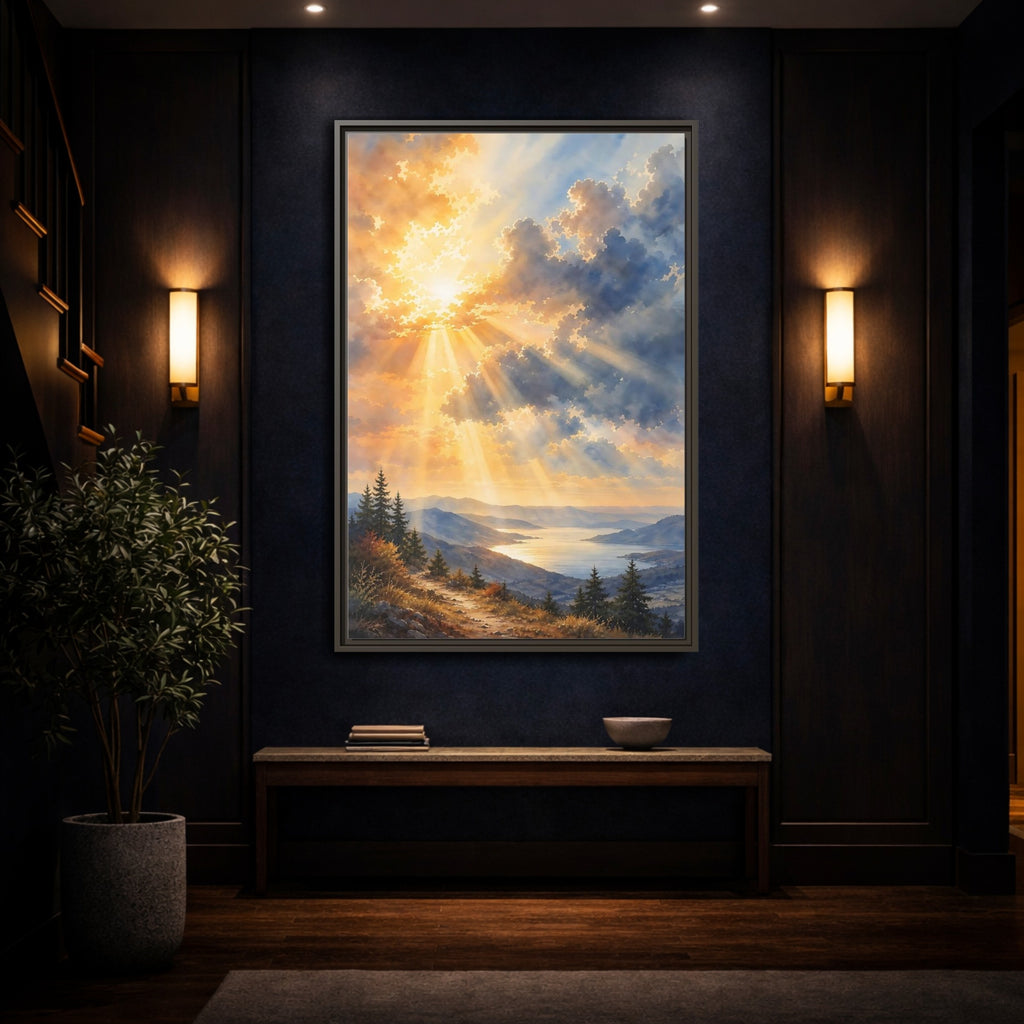 Mockup 4. Nature Mountain Landscape Golden Sky shown as stretched canvas wall art