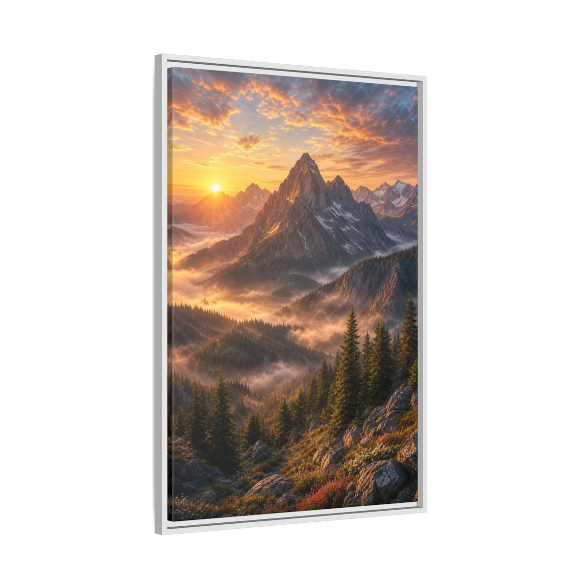 Side Mockup 9. Nature Mountain Landscape Golden Mountain Sunrise shown as stretched canvas wall art