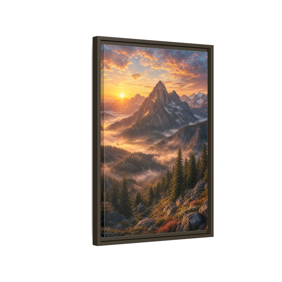Side Mockup 2. Nature Mountain Landscape Golden Mountain Sunrise shown as stretched canvas wall art