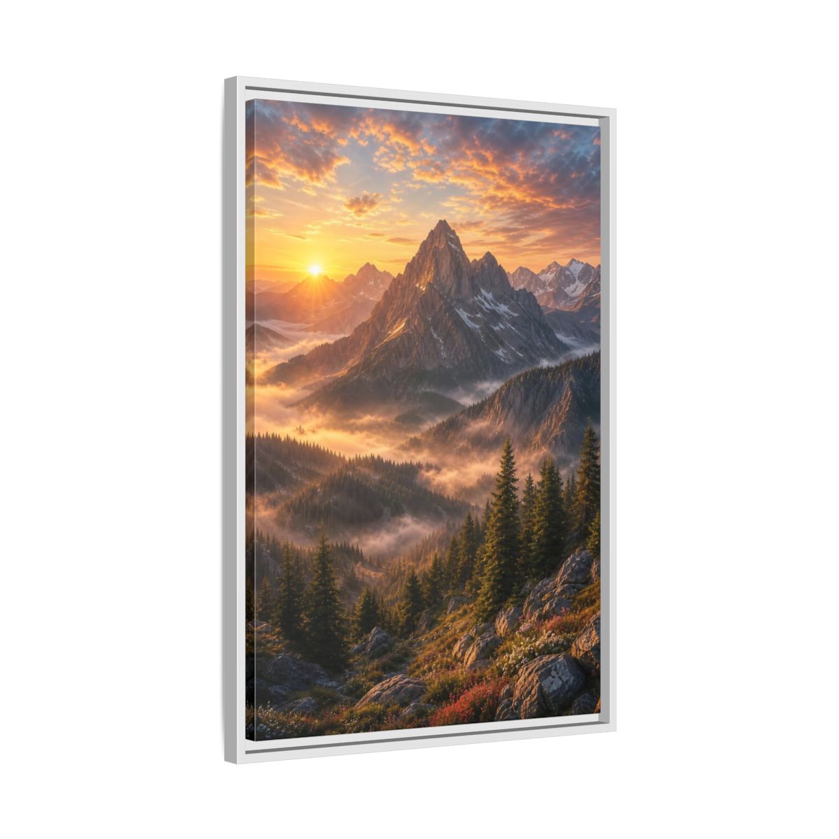 Side Mockup 10. Nature Mountain Landscape Golden Mountain Sunrise shown as stretched canvas wall art