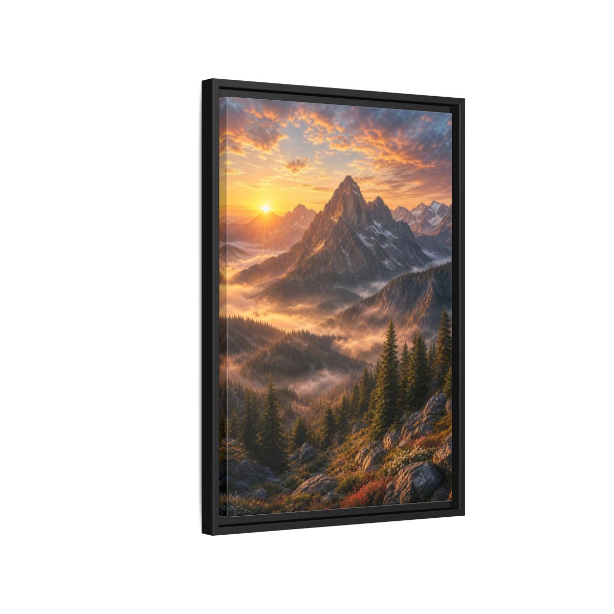 Side Mockup 3. Nature Mountain Landscape Golden Mountain Sunrise shown as stretched canvas wall art
