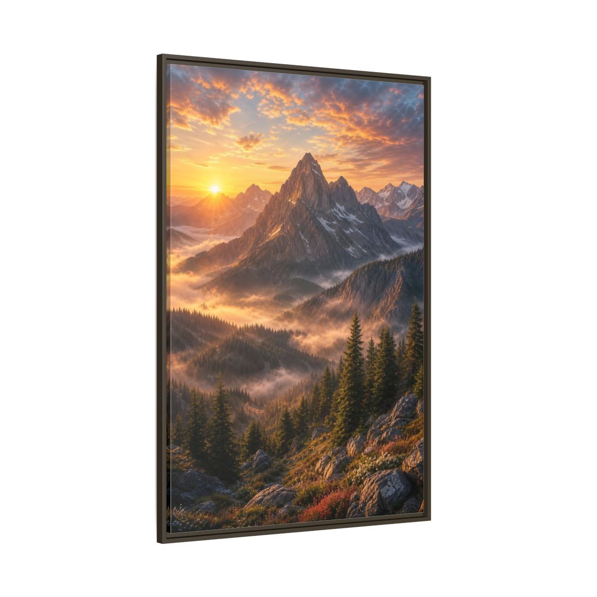 Side Mockup 8. Nature Mountain Landscape Golden Mountain Sunrise shown as stretched canvas wall art